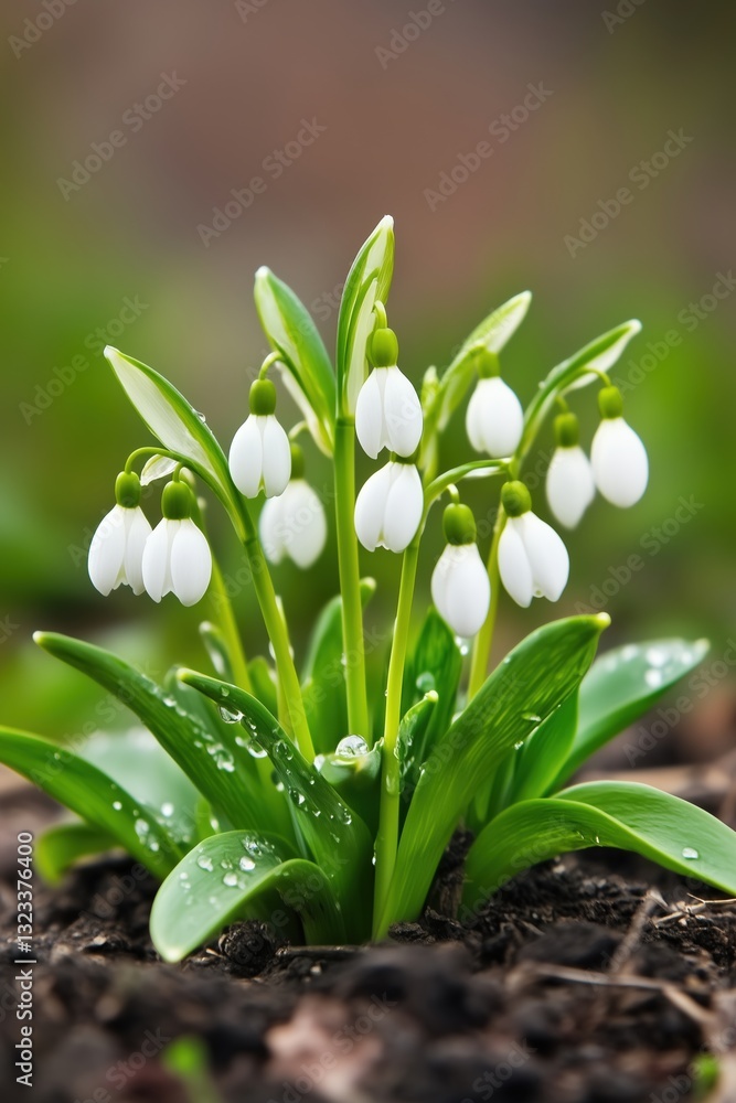 Fototapeta premium Snowdrop flowers bloom in early spring amidst lush green leaves near the forest floor