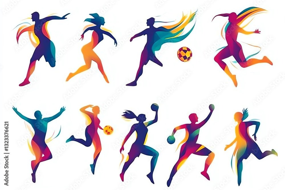 Fototapeta premium Dynamic Athletes: Vibrant Gradient Silhouettes in Action
