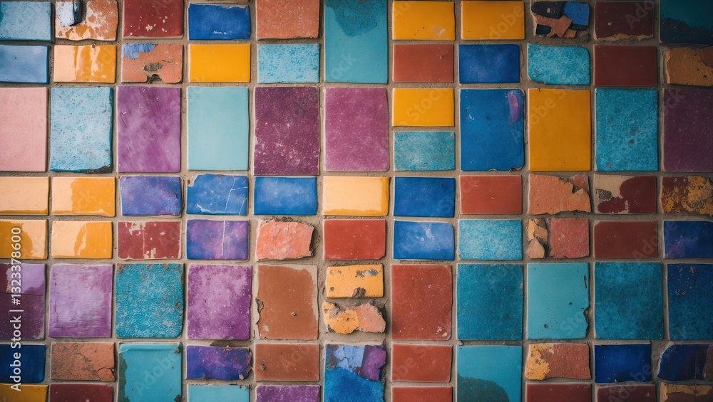 Vibrant mosaic tile floor showcasing a mix of purple, blue, yellow, and orange squares in a geometric pattern ideal for backgrounds and designs Vibrant mosaic tile floor showcasing a mix of purple, blue, yellow, and orange squares in a geometric pattern ideal for backgrounds and designs