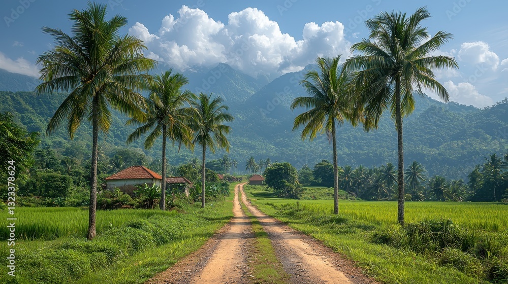 Serene Path Through Verdant Fields and Majestic Mountains