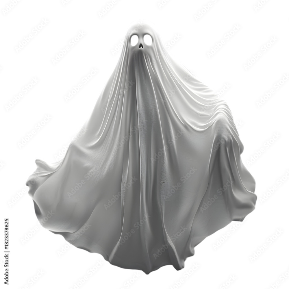 A ghost figure draped in flowing white fabric with hollow eyes, creating an eerie and mysterious atmosphere, perfect for Halloween themes. A ghost figure draped in flowing white fabric with hollow eyes, creating an eerie and mysterious atmosphere, perfect for Halloween themes.