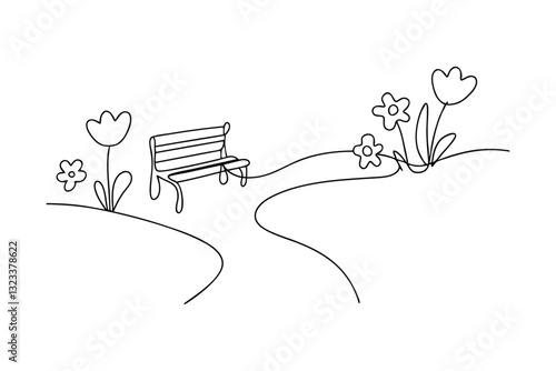 Serene Spring Park Bench One Line Drawing, Flowers, Path, Rest