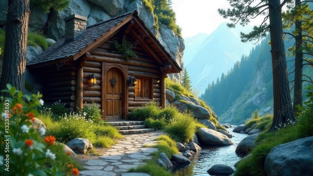 Secluded Log Cabin Retreat Nestled in a Mountainside Valley Beside a Serene Stream Secluded Log Cabin Retreat Nestled in a Mountainside Valley Beside a Serene Stream