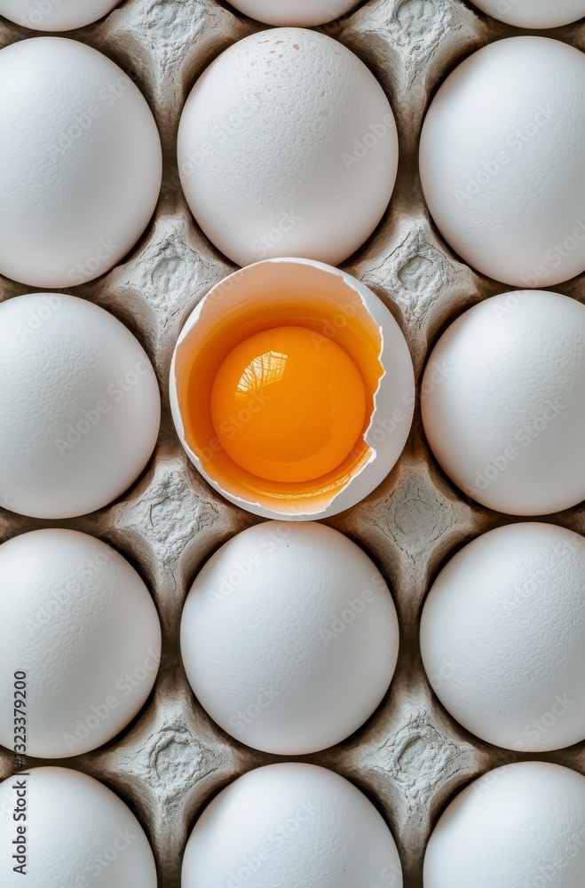 A dozen eggs with one broken open. The broken egg is surrounded by the other eggs, creating a sense of contrast and drawing attention to the broken egg A dozen eggs with one broken open. The broken egg is surrounded by the other eggs, creating a sense of contrast and drawing attention to the broken egg