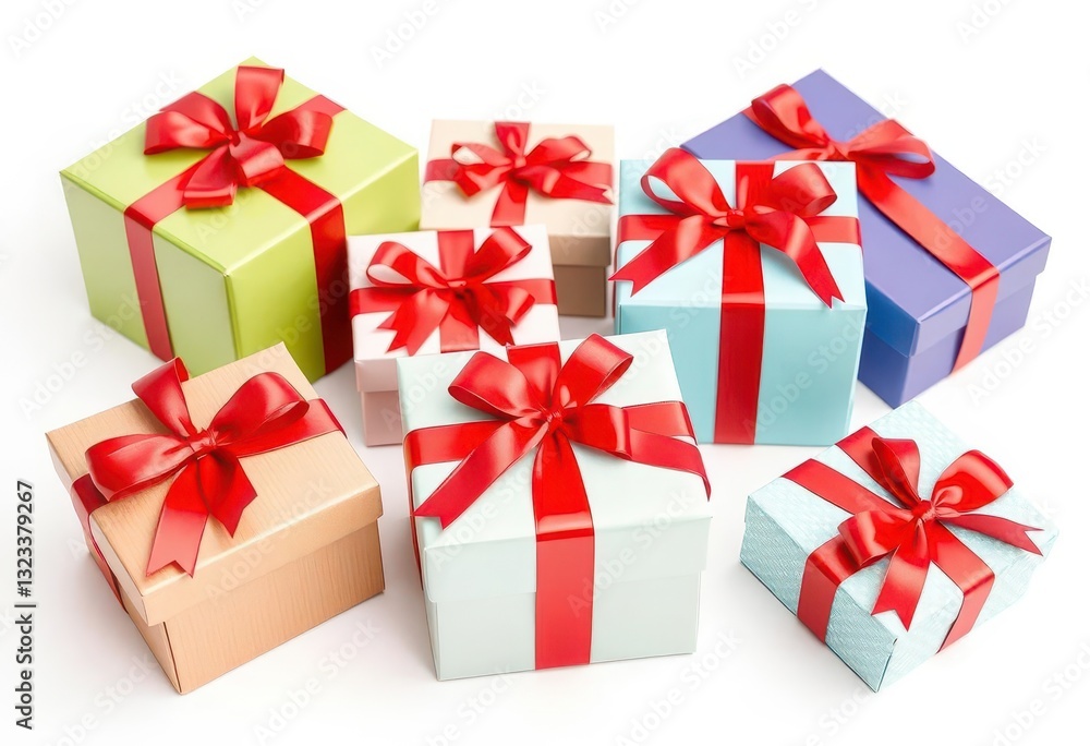 Eco-friendly gift boxes with red ribbons, isolated on white, flat lay, craft Eco-friendly gift boxes with red ribbons, isolated on white, flat lay, craft