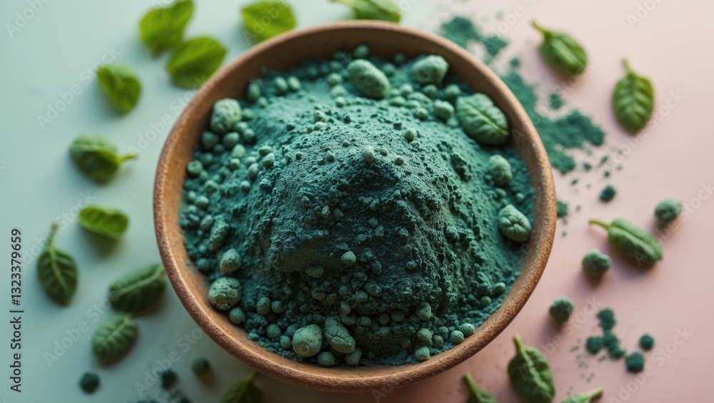 Close-up image of spirulina powder in a wooden bowl surrounded by green leaves on a soft pastel background highlighting detox benefits and nutrition. Close-up image of spirulina powder in a wooden bowl surrounded by green leaves on a soft pastel background highlighting detox benefits and nutrition.