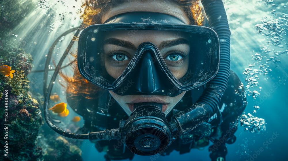 Diver woman with full face mask and diving equipment in the depth of the clear blue ocean Diver woman with full face mask and diving equipment in the depth of the clear blue ocean