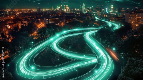 An aerial view of a vibrant city at night, featuring illuminating lights and beautifully curved roads that create a sense of motion and energy within the urban landscape.