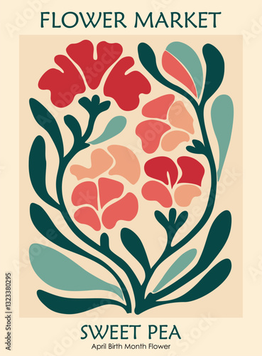 Retro mid century modern flower market poster featuring abstract sweet pea, the April birth month flower. Elegant botanical vector illustration with a vintage aesthetic for decor and prints.