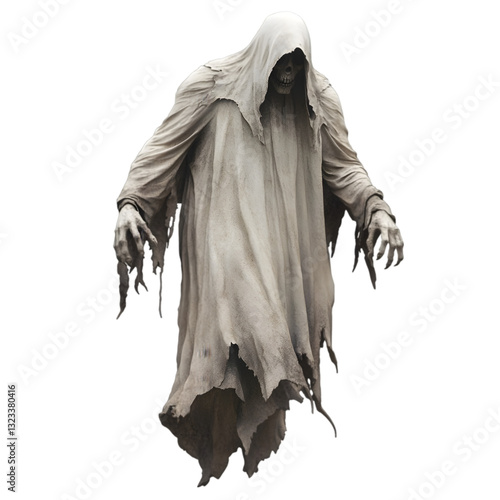 A haunting ghost figure draped in tattered gray shrouds, exuding an eerie presence with long, claw-like hands.