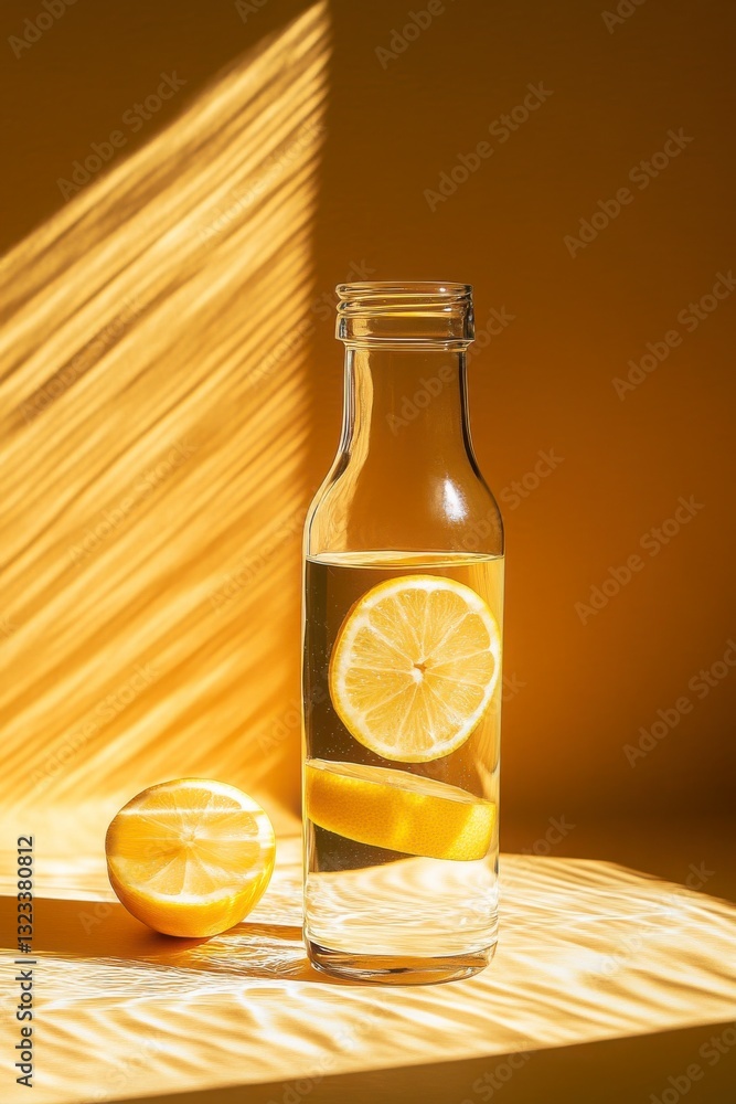 Fototapeta premium A glass bottle filled with water and a slice of lemon. The bottle is placed on a table with a yellow background