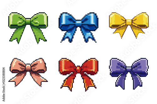 Illustration of colorful bows on clean white background, pixel art