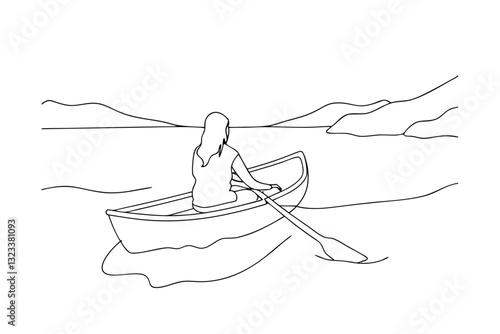 Solitary Woman Rowing Boat on Serene Lake Landscape