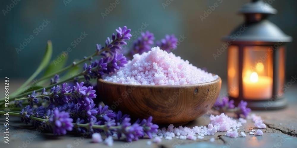 Relaxing Spa Treatment with Aromatic Lavender and Calming Bath Salts in Wooden Bowl Relaxing Spa Treatment with Aromatic Lavender and Calming Bath Salts in Wooden Bowl