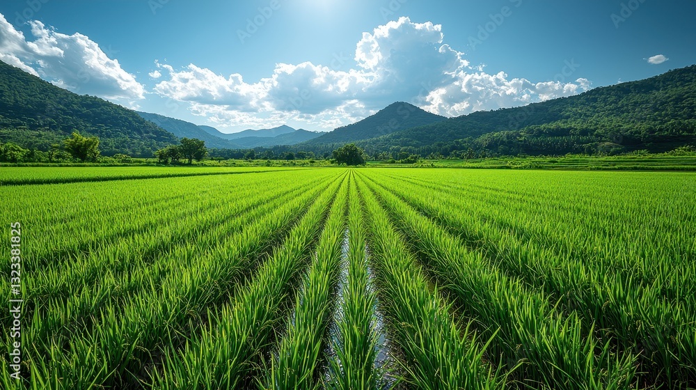 Scenic Green Rice Fields Under Vibrant Sky Scenic Green Rice Fields Under Vibrant Sky