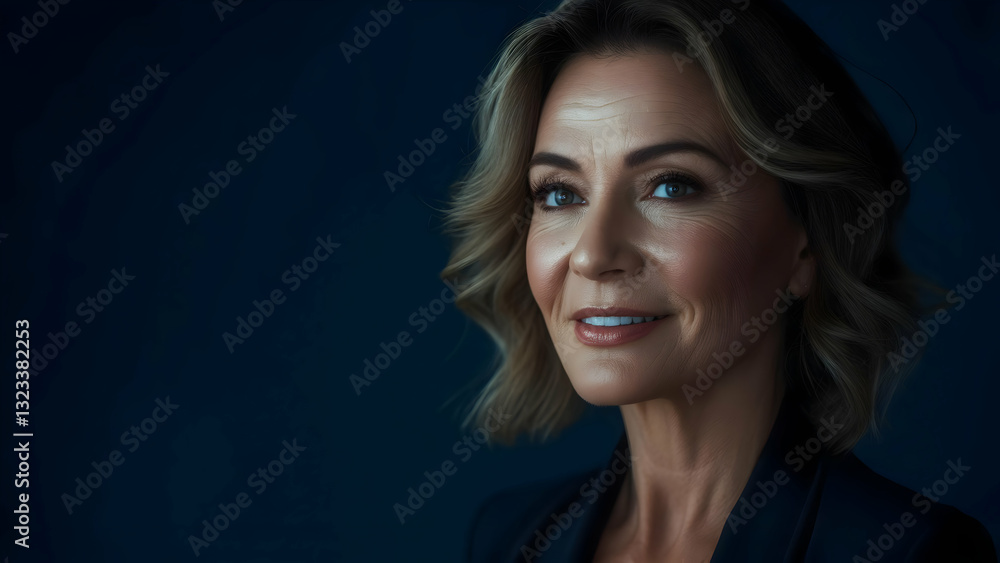 Charm of Diffused Light: A Woman in Her Mid-30s in Close Focus, Velvety Midnight Blue Background Highlights Her Smooth, Wrinkle-Free Skin Charm of Diffused Light: A Woman in Her Mid-30s in Close Focus, Velvety Midnight Blue Background Highlights Her Smooth, Wrinkle-Free Skin