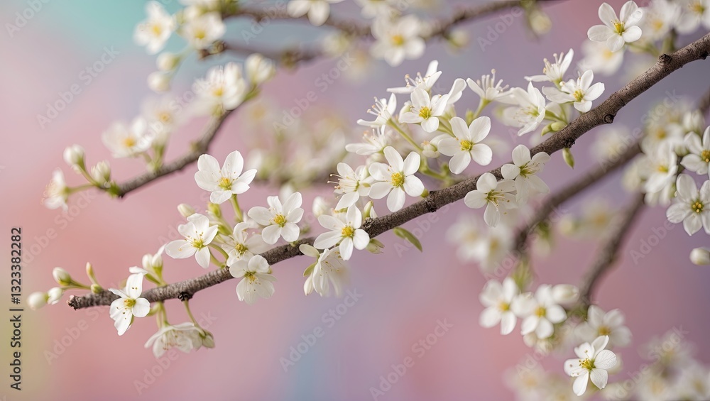 Close-up of delicate small white flowers on a brown branch against a soft pastel pink and blue background representing springtime freshness. Close-up of delicate small white flowers on a brown branch against a soft pastel pink and blue background representing springtime freshness.