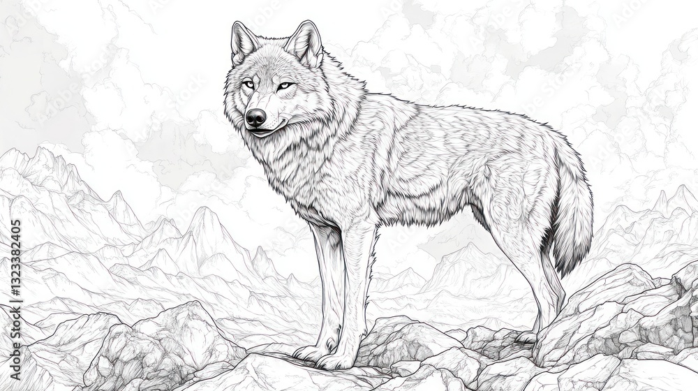 Naklejka premium Majestic wolf standing on mountain peak, cloudy sky background; wildlife art