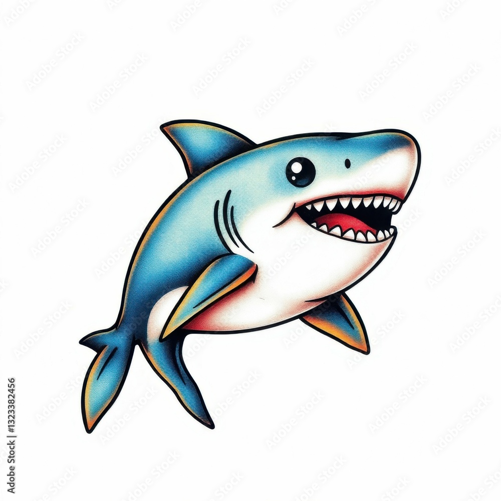 Playful Shark Illustration: A cheerful cartoon shark with a toothy grin swims playfully, its vibrant blue and white color scheme exuding an inviting charm, perfect for children's content. Playful Shark Illustration: A cheerful cartoon shark with a toothy grin swims playfully, its vibrant blue and white color scheme exuding an inviting charm, perfect for children's content.