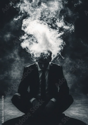 A man in a suit is smoking a cigarette and the smoke is coming out of his head. The image has a dark and moody atmosphere, with the man's suit and the smoke creating a sense of mystery and intrigue