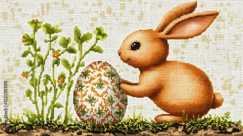 Hand-sewn Easter bunny. Minimalist style, combining traditional embroidery with modern design, suitable for various scenes such as holiday celebrations, home decoration and cultural creativity.