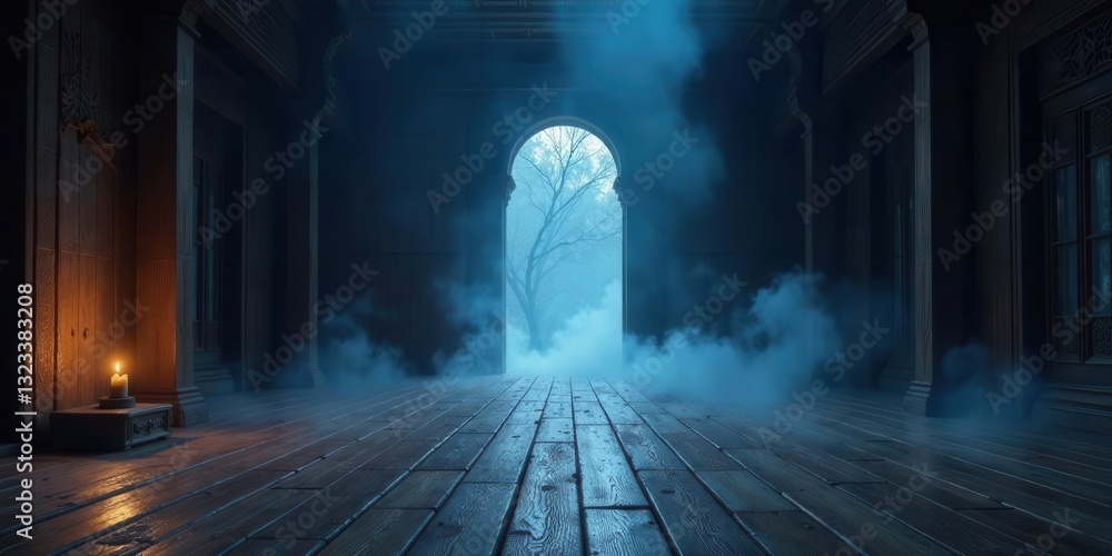 Fototapeta premium A dimly lit, antique hallway with wooden floors and a singular candle, leading to an arched doorway revealing a misty outdoor scene with a lone tree