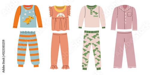Set sleepwear for boys and girls pajamas, nightgowns, sleep suits . Hand drawn flat vector illustration isolate on white .