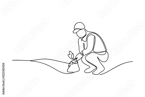 Single line drawing Farmer planting seedling, agriculture, rural scene