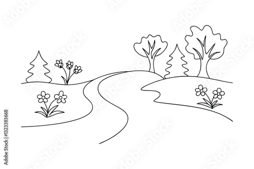Simple Line Drawing of a Winding Path, Trees, and Flowers