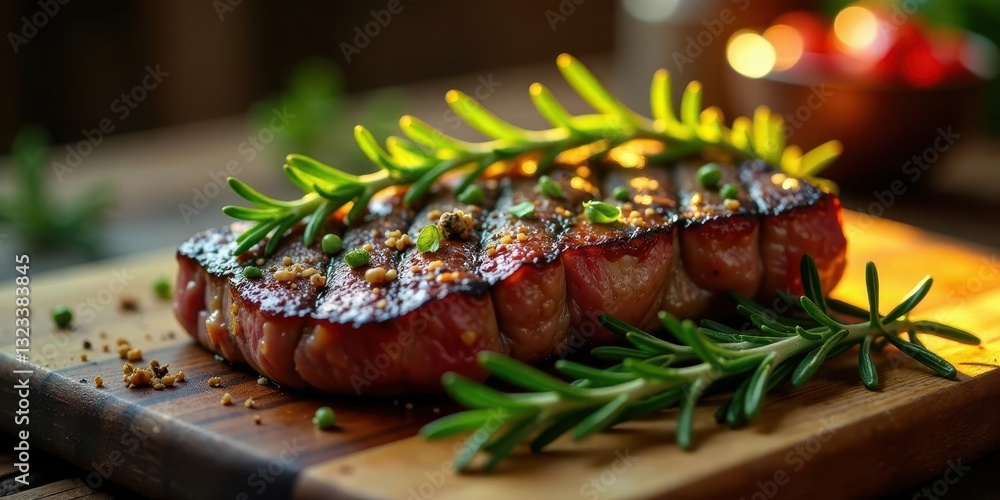 A succulent grilled steak seasoned with herbs and spices rests on a rustic wooden cutting board, illuminated by warm light, creating a culinary masterpiece. A succulent grilled steak seasoned with herbs and spices rests on a rustic wooden cutting board, illuminated by warm light, creating a culinary masterpiece.