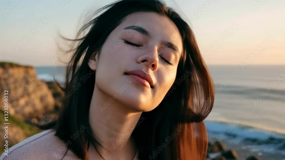Serene coastline breeze: woman embracing nature with eyes closed Serene coastline breeze: woman embracing nature with eyes closed