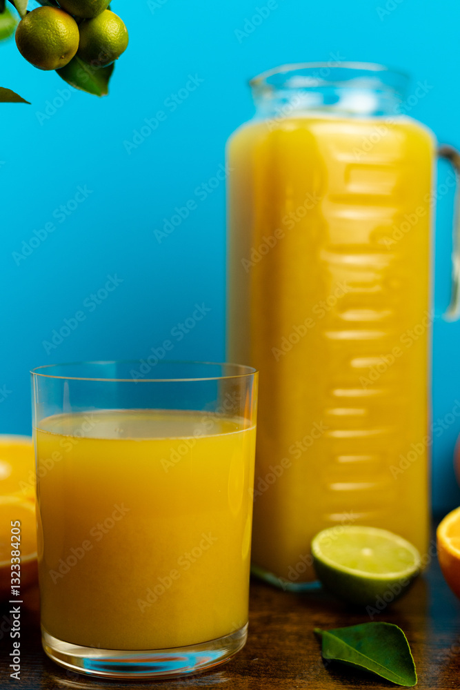 Glass of orange juice in glass close-up. Cut oranges on the table. Glass of orange juice in glass close-up. Cut oranges on the table.