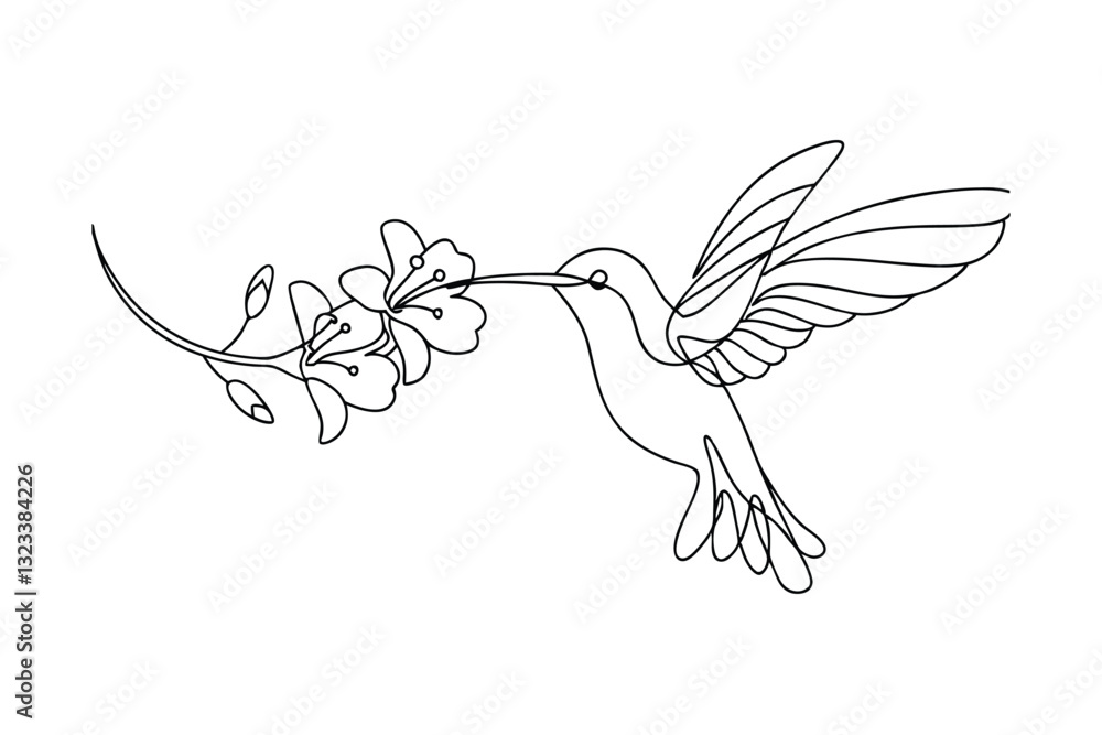Obraz premium Elegant Hummingbird Line Art Floral Nectar, Bird in Flight