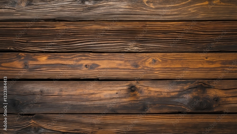 Closeup of rustic dark brown wooden panels with distinct grain patterns and knots arranged horizontally for textured background design. Closeup of rustic dark brown wooden panels with distinct grain patterns and knots arranged horizontally for textured background design.