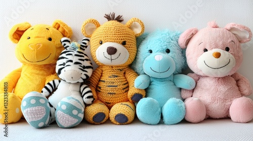 Adorable stuffed animals sitting together in a row
