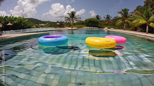 Travel and vacation concept. Three round colorful inflatables rubber rings swimming in pool. No people. Bright summer day. Clear water reflections. Tropical climate