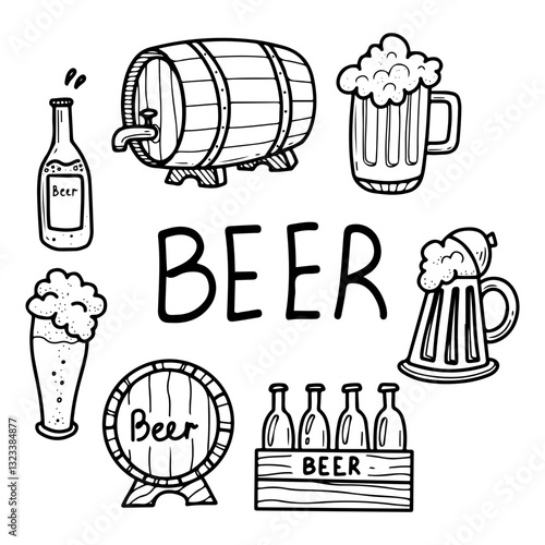 Beer set. Hand drawn doodle. Alcoholic malt beverage. Bar drink. Wooden box, barrel, glass, mug. Vector line art illustration.