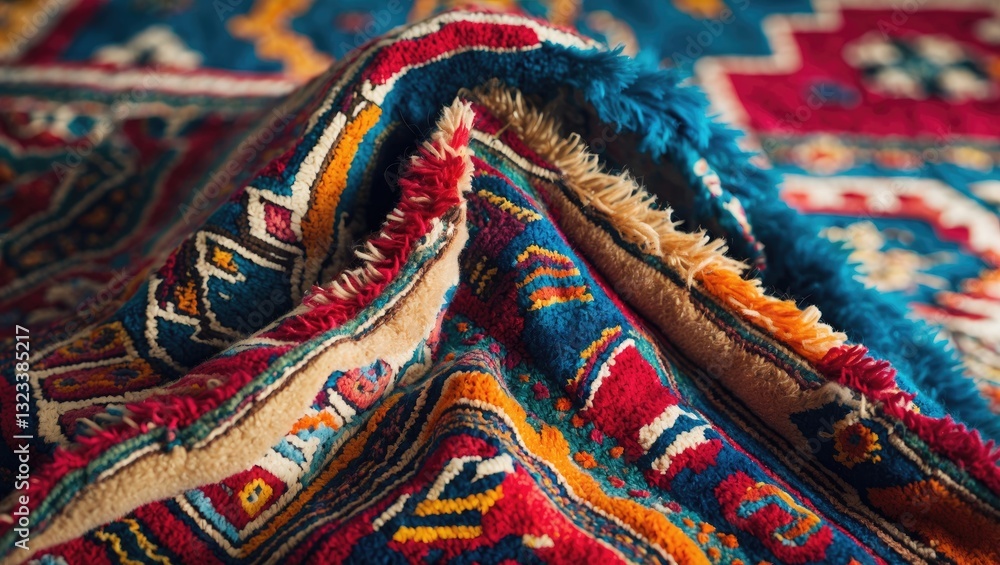 Close-up of a richly textured traditional carpet in reds, blues, and golds draped over a vibrant patterned surface for dramatic effect Close-up of a richly textured traditional carpet in reds, blues, and golds draped over a vibrant patterned surface for dramatic effect