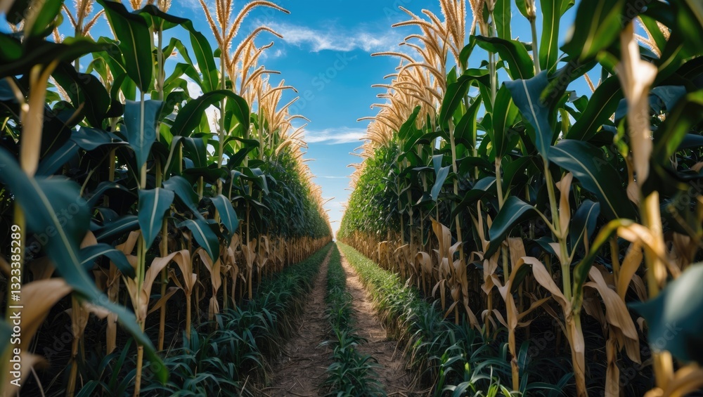 Lush green cornfield flanked by tall corn stalks under a vibrant blue sky with soft clouds bringing focus to the empty center path for text placement. Lush green cornfield flanked by tall corn stalks under a vibrant blue sky with soft clouds bringing focus to the empty center path for text placement.