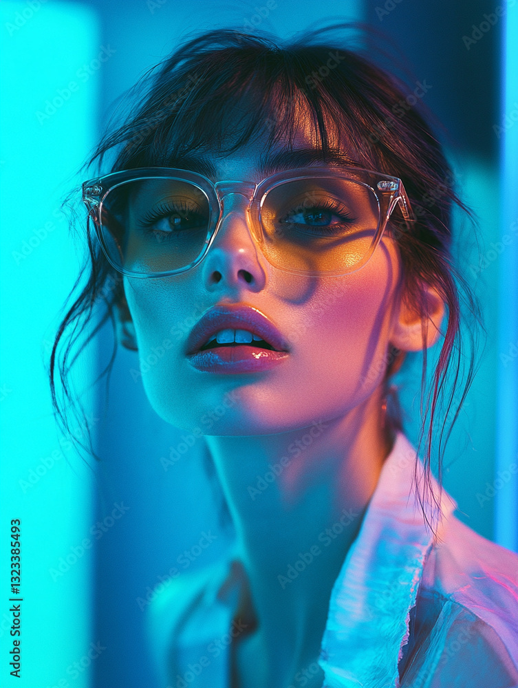 Stylish woman with sunglasses in neon lighting Stylish woman with sunglasses in neon lighting