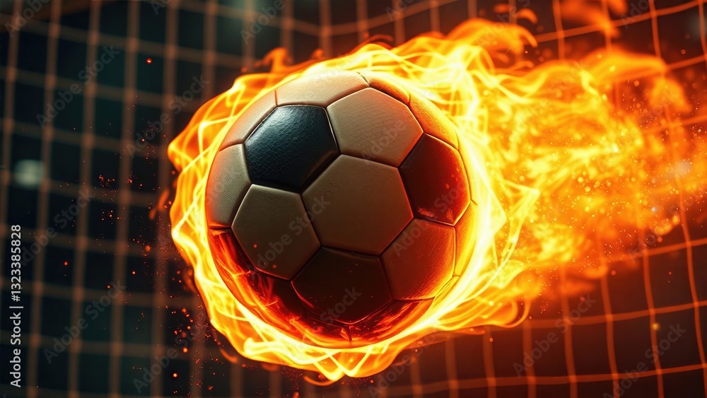 Fototapeta premium The Unstoppable Force Blazing Soccer Ball Cutting Through the Darkness of Competition