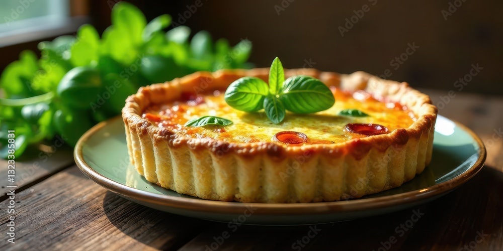 A Delicious Savory Tart with Melted Cheese and Tomato Topping, Garnished with Fresh Basil, Served on a Rustic Wooden Table A Delicious Savory Tart with Melted Cheese and Tomato Topping, Garnished with Fresh Basil, Served on a Rustic Wooden Table