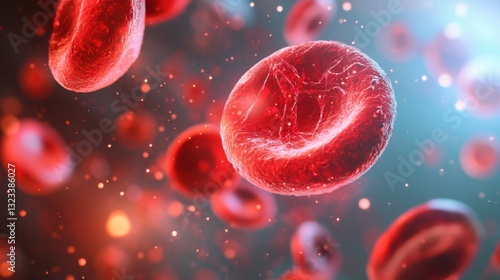 Close-up View of Red Blood Cells Flowing Through the Human Body in a Colorful and Dynamic Background Depicting Circulatory System and Health