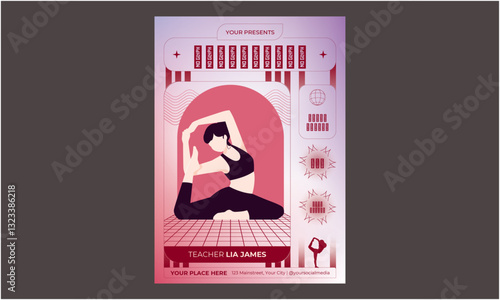 Yoga Class Flyer. Yoga classes. Girl sitting in lotus position. Advertising flyer, poster template.
