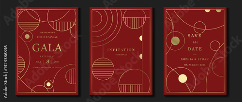 Luxury invitation card background vector. Elegant classic antique design, gold lines gradient on red background. Premium design illustration for gala card, grand opening, art deco. 