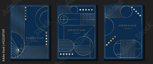 Luxury invitation card background vector. Elegant classic antique design, gold lines gradient on navy blue background. Premium design illustration for gala card, grand opening, art deco. 