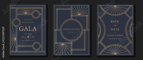 Luxury invitation card background vector. Elegant classic antique design, gold lines gradient on navy blue background. Premium design illustration for gala card, grand opening, art deco. 