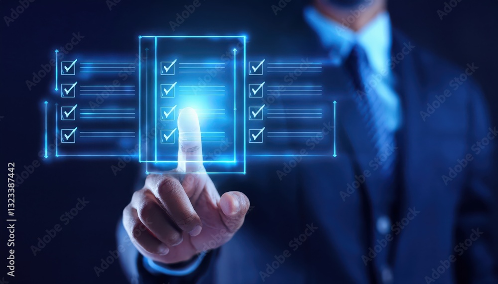 Obraz premium Checklist Concept Businessman selecting digital options on a futuristic interface for decision making.