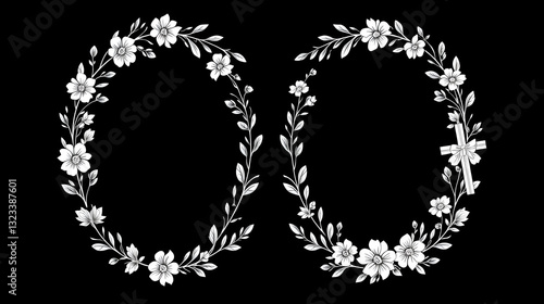 Funeral vector frames, isolated wreaths of floral design with crosses, leaves and flourishes. Mourning condolence cards. Obituary mournful funereal monochrome memorial borders, laurel wreath