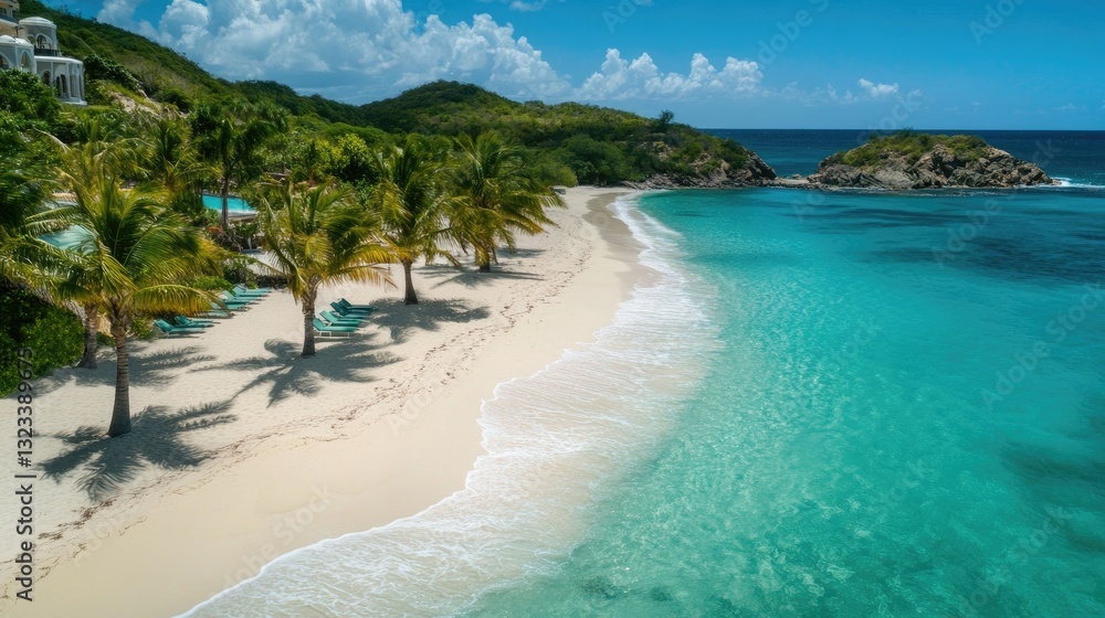Fototapeta premium Serene Tropical Beach with Azure Waters and Lush Green Hills Under Clear Blue Sky